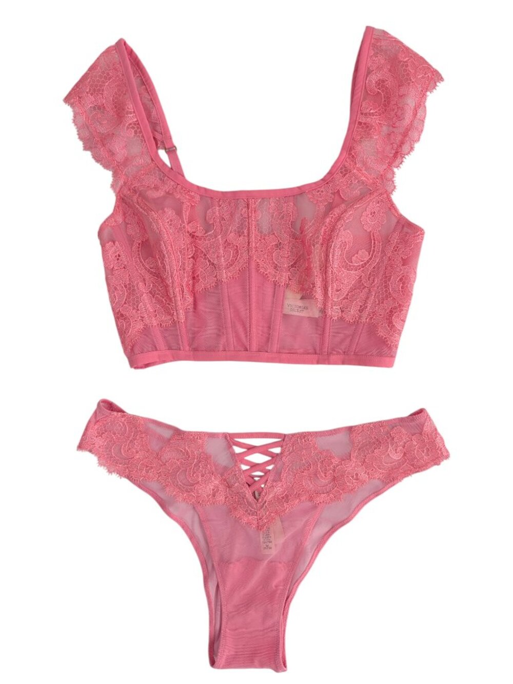 Victoria's Secret Pink Corset Top Panty Set  Boho Lace Bustier Lingerie Sz S / M